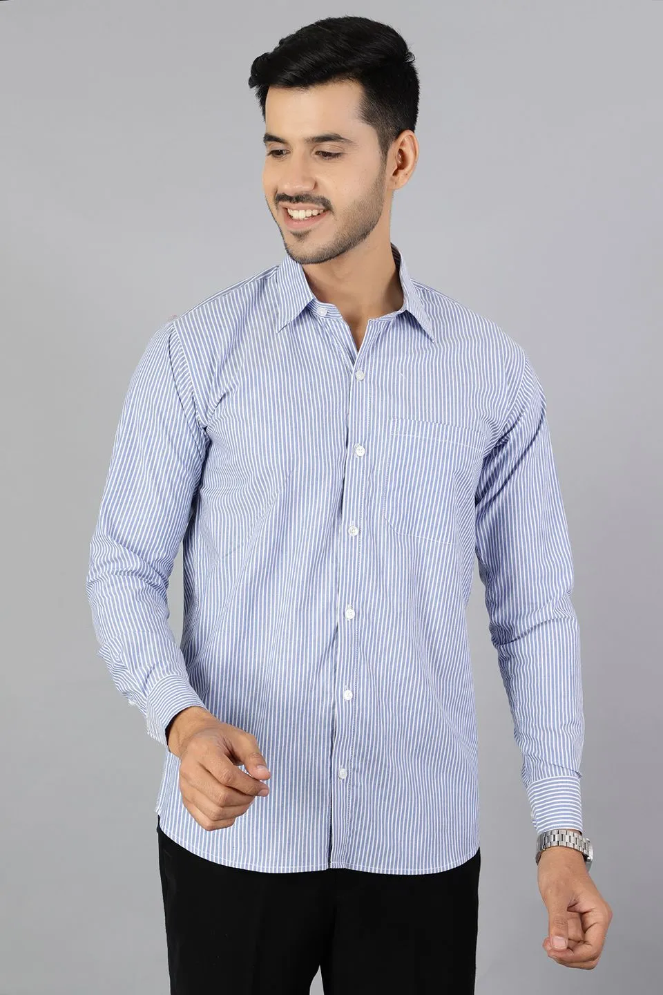 100% Premium Cotton Blue Stripe Shirt