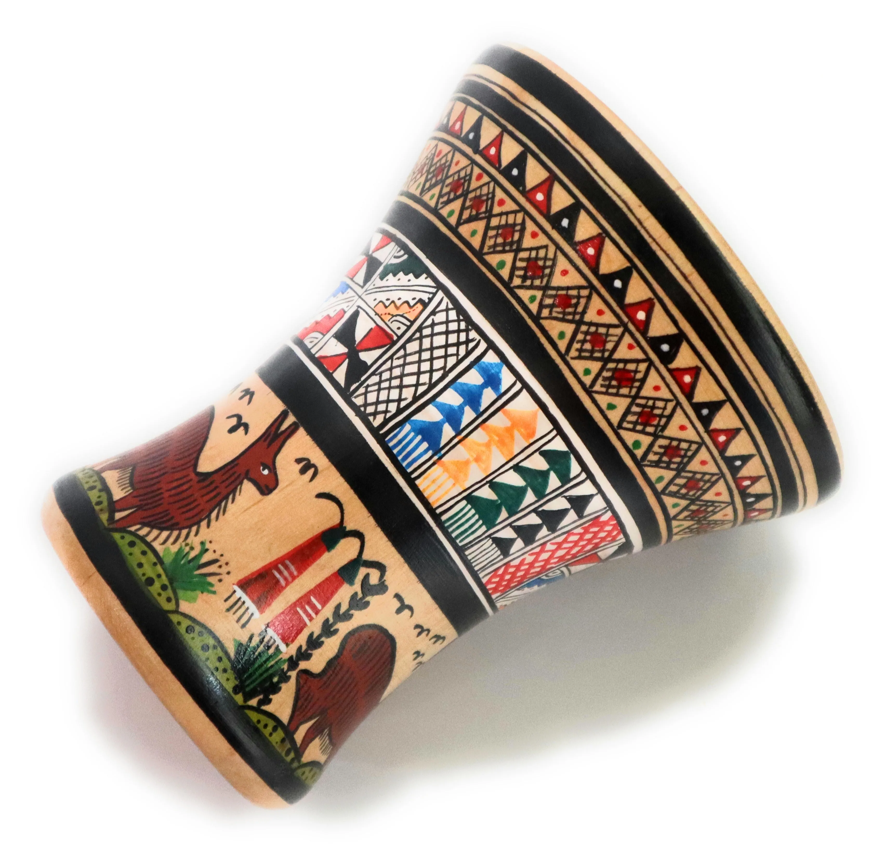 Wood Kero Rustic Vase Inca Culture Hand-Painted 5.25" Tall